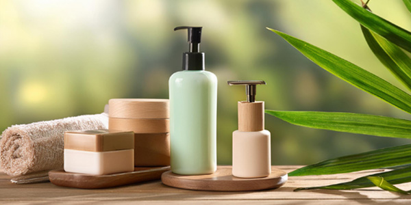 Mehrere Kosmetikbehälter und ein Handtuch stehen auf Holztellern; daneben befinden sich grüne Pflanzenblätter.